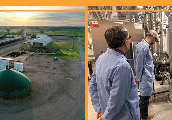 A farm with green tanks and people touring an industrial facility with machinery.