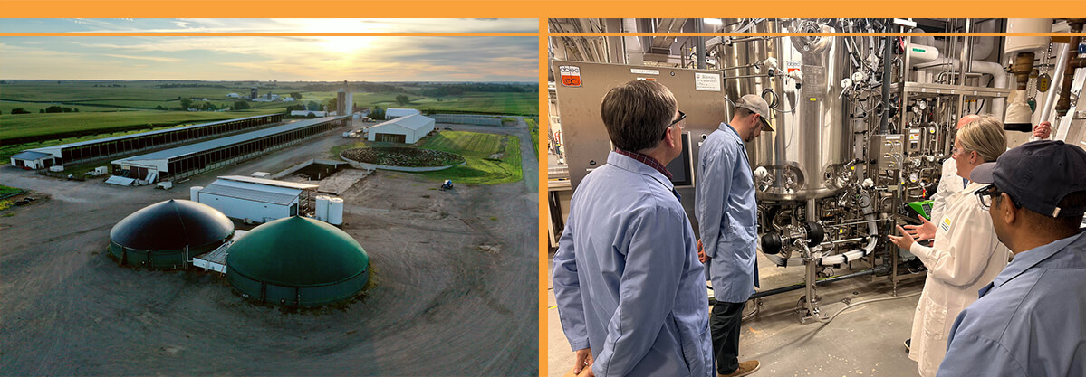 A farm with green tanks and people touring an industrial facility with machinery.